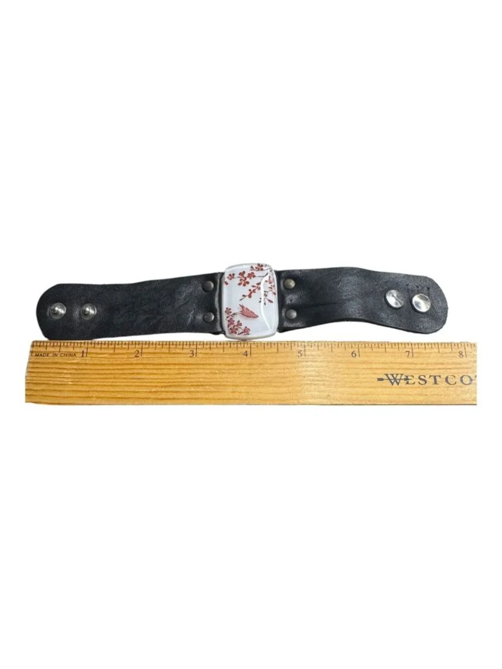 Leather Cuff Bracelet With Ceramic Bird & Floral Design Adjustable Snap Closure